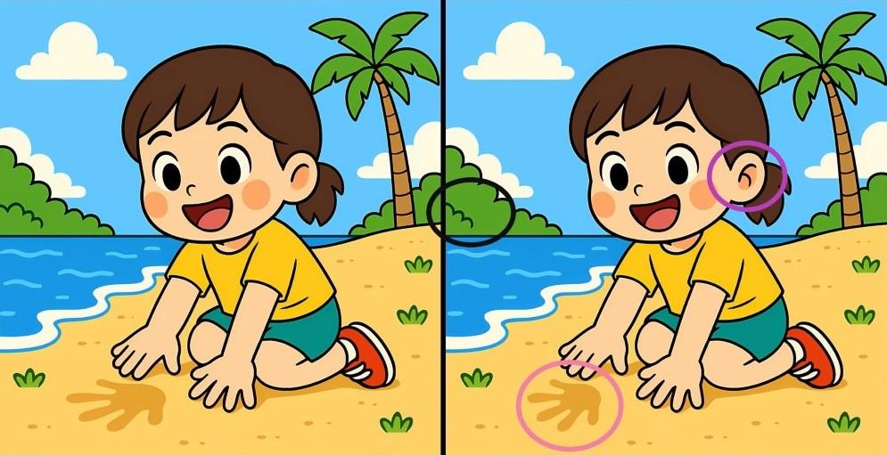 Find 3 differences in girl playing on the beach solution
