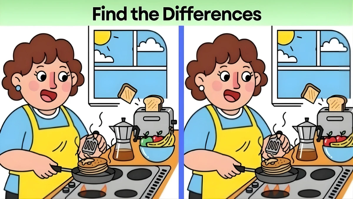spot 3 differences lady cooking pancakes
